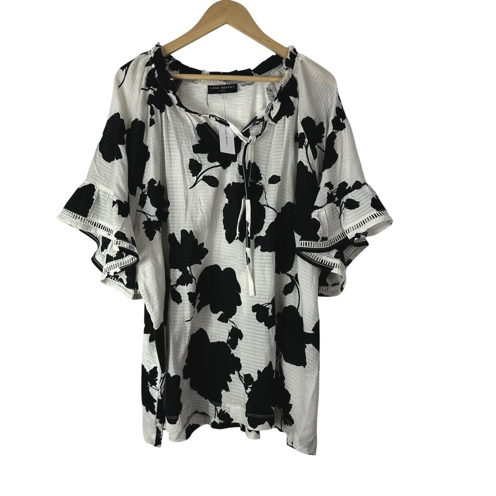 Lane Bryant Zen Tie Top Women's 22/24 Black White Floral Classic V Neck Ruffle - Picture 3 of 11